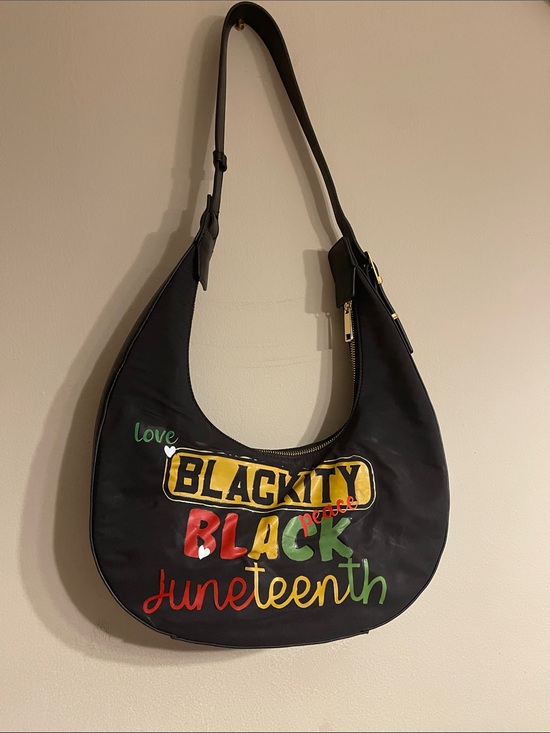 Handmade Handbags - Black Juneteenth Graphic Shoulder Bag with Colorful Lettering